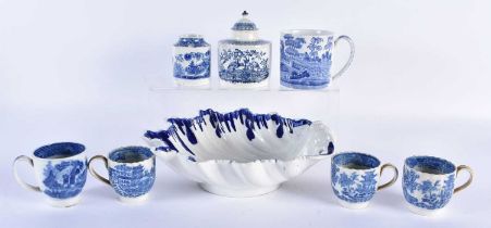 18th century large pearlware shell shaped dish with dripped blue border, two tea canisters, one with