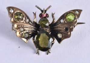 A Jewel Encrusted Silver Gilt Butterfly Brooch. Stamped 800. 3 cm x 2 cm, weight 3.7g