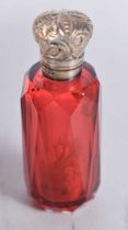 A Victorian Cranberry Glass Scent Bottle with Silver Top. Hallmarked Birmingham 1876. 7.3 cm x 2.6