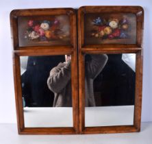 A pair of fruitwood mirrors with painted panels by E M Ball 56 x 28 cm (2)