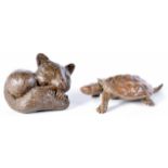 A Japanese bronze Fox together with a turtle 6 cm (2).