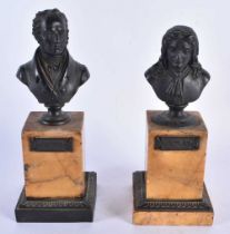 A PAIR OF 19TH CENTURY FRENCH GRAND TOUR BRONZE AND SIENNA MARBLE PEDESTAL BUSTS. 19 cm high.