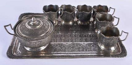 AN ANTIQUE PERSIAN IRANIAN SILVER TEASET ON TRAY. 1158 grams. Largest 32 cm x 22 cm. (8)