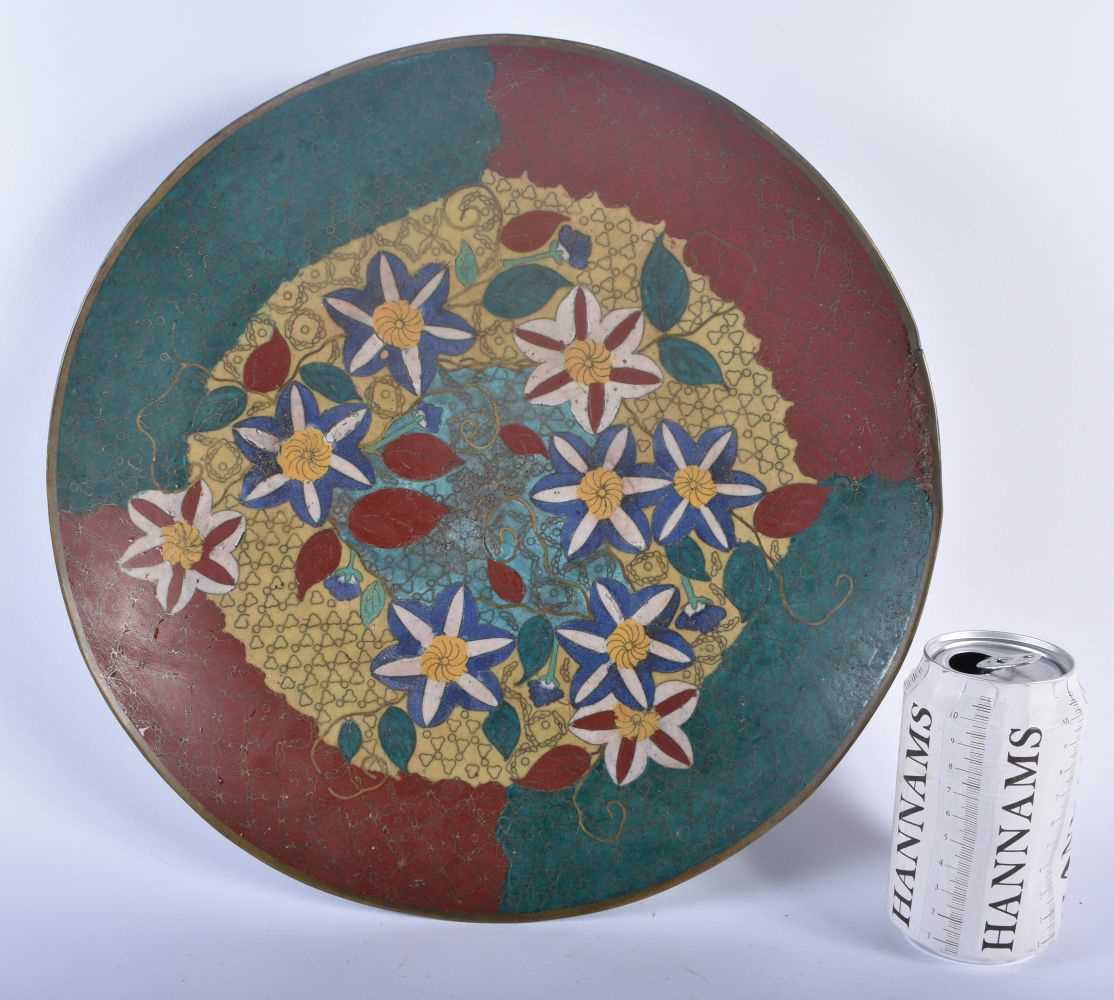 AN EARLY JAPANESE CLOISONNE ENAMEL CLOISONNE ENAMEL DISH decorated with foliage. 34 cm diameter.