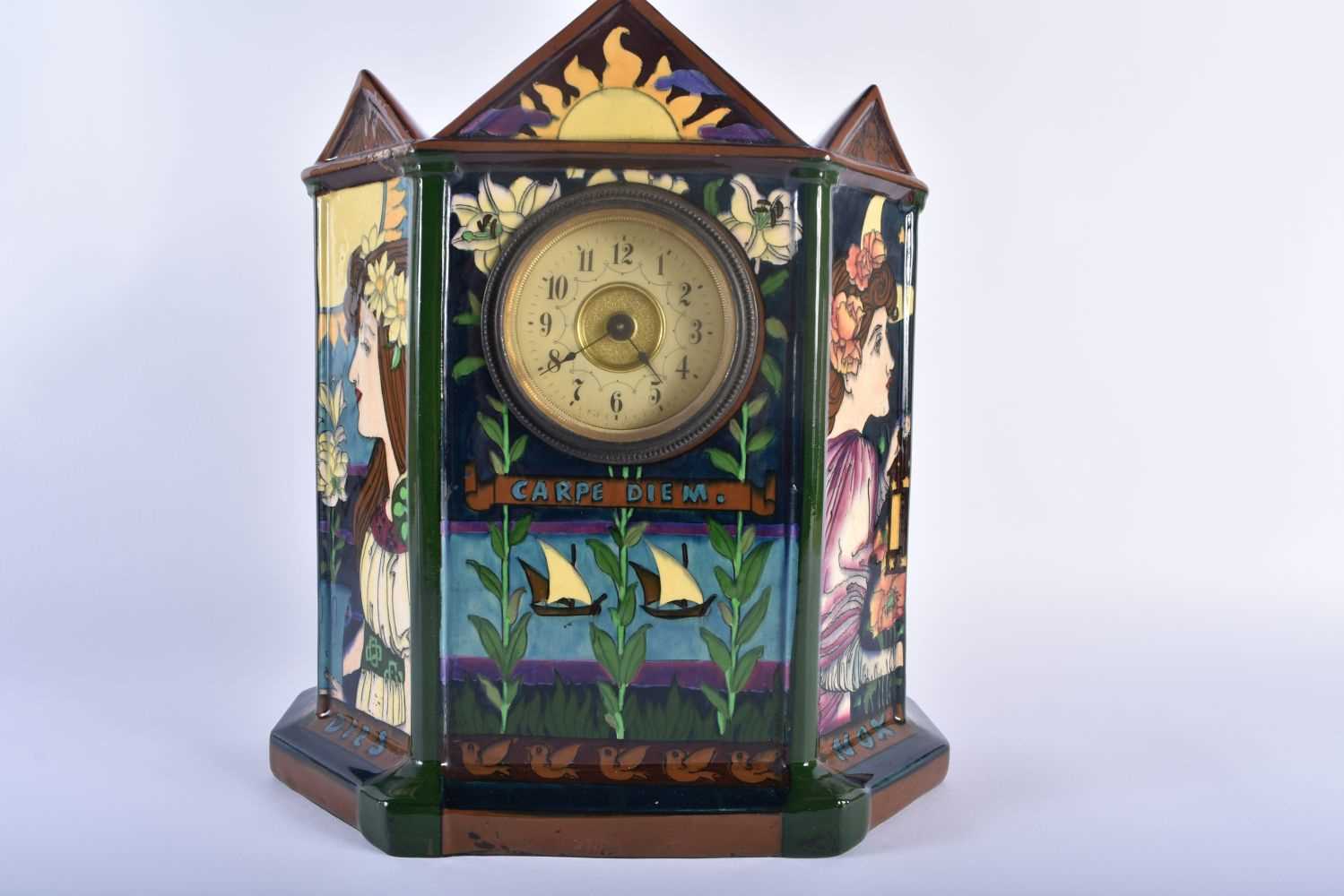 A LARGE EARLY 20TH CENTURY FOLEY INTARSIO CARPE DIEM POTTERY CLOCK C1900 designed by Frederick - Image 2 of 7