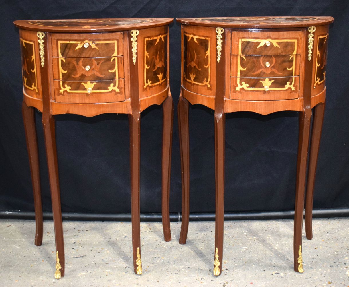 A pair of Baroque style inlaid half moon side 3 drawer tables 71 x 45 x 25cm (2)