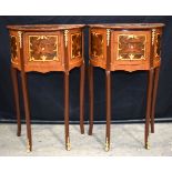 A pair of Baroque style inlaid half moon side 3 drawer tables 71 x 45 x 25cm (2)