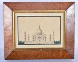 A FINE 19TH CENTURY INDIAN COMPANY SCHOOL WATERCOLOUR painted with a view of the Taj Mahal. 26cm x