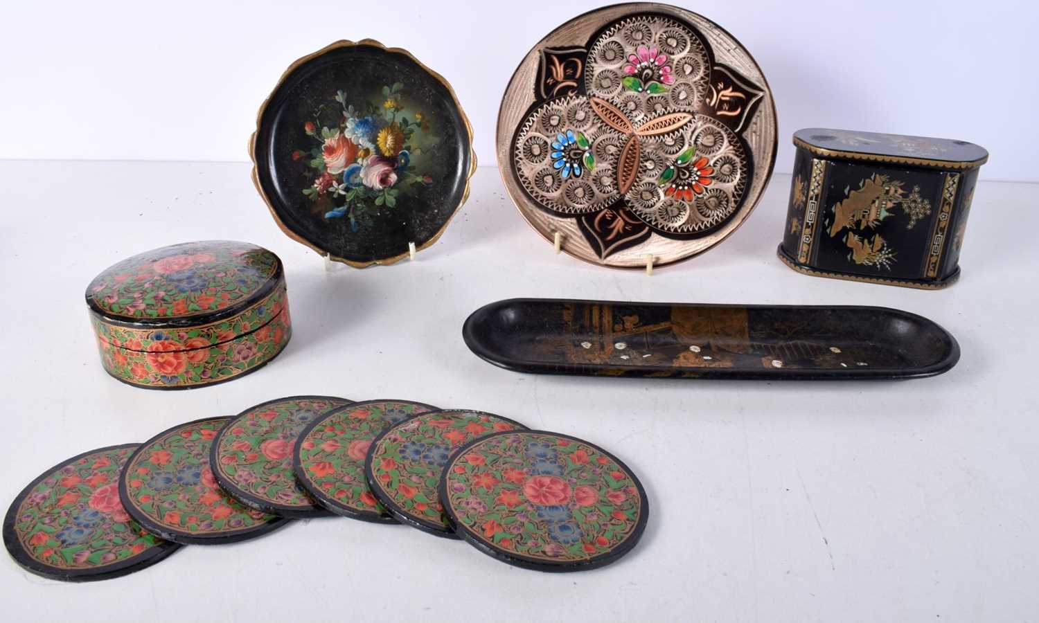 A japanese lacquered box together with Paper mache tray, box,Copper enamelled wall plaque largest 27 - Image 2 of 6