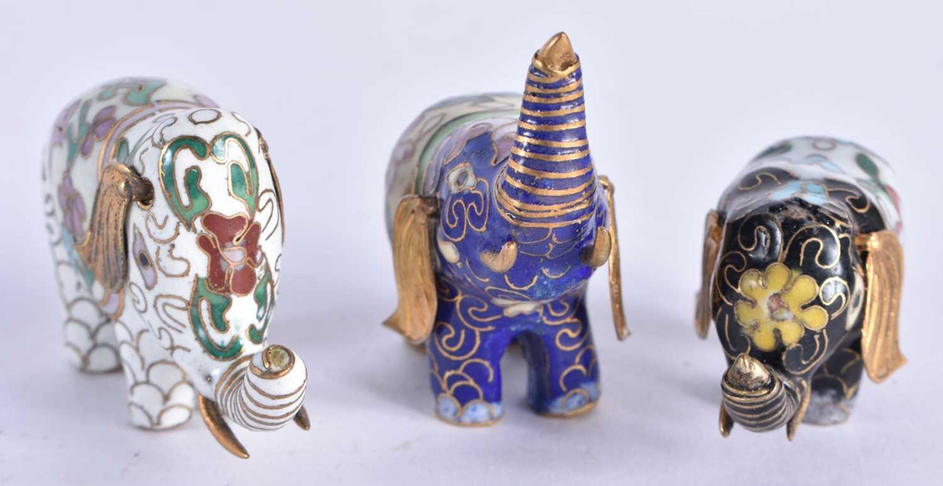 THREE CHINESE REPUBLICAN PERIOD CLOISONNE ENAMEL ELEPHANTS. 76.7 grams. Largest 5 cm x 4.5 cm. (3) - Image 2 of 3