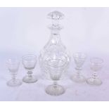 A Cut Glass Decanter with Five assorted Glasses. Decanter 25cm x 11cm (6)