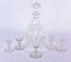 A Cut Glass Decanter with Five assorted Glasses. Decanter 25cm x 11cm (6)