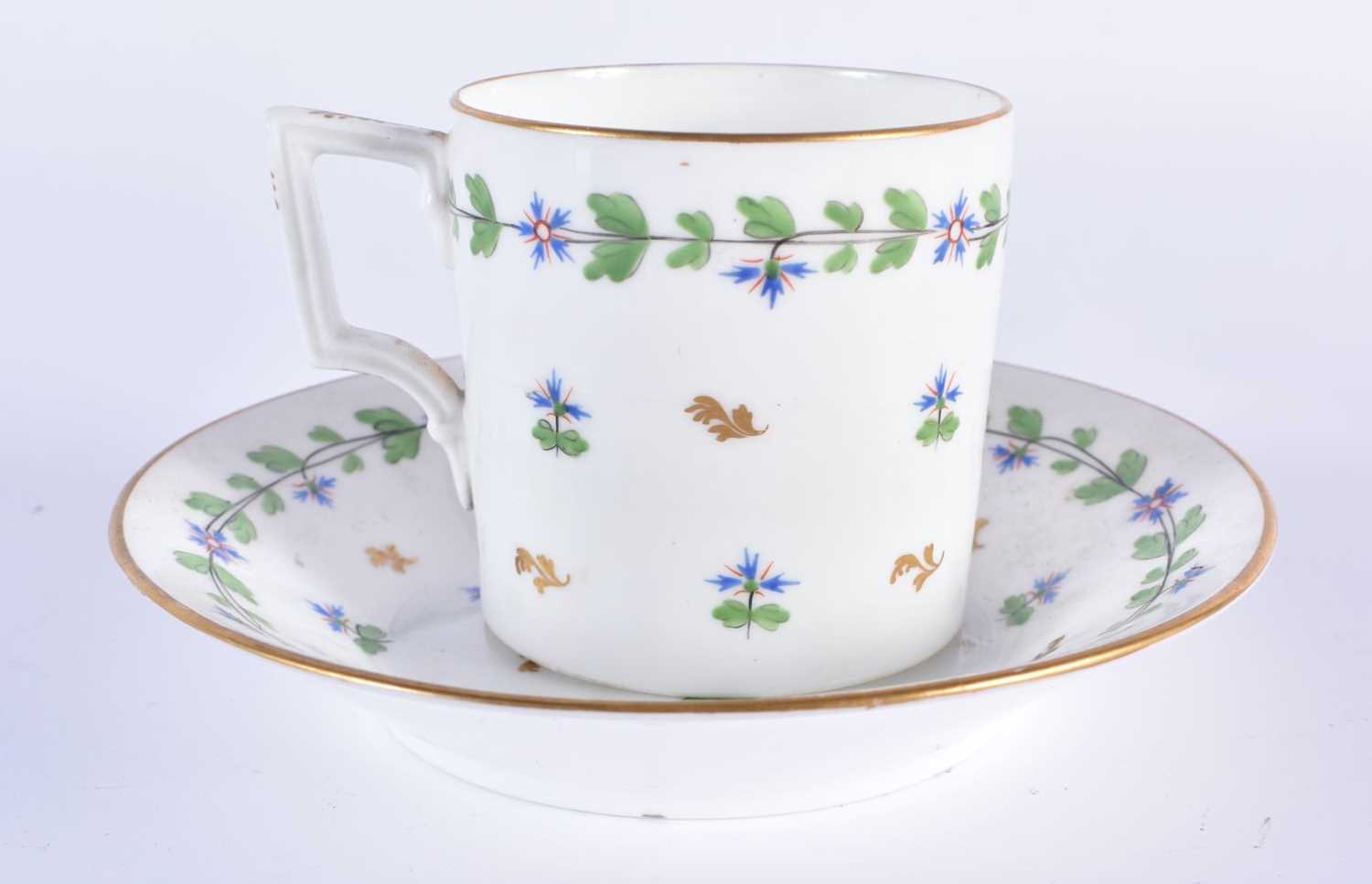 Derby coffee can and saucer, impressed to saucer painted with cornflowers and a Hamilton flute - Image 2 of 7