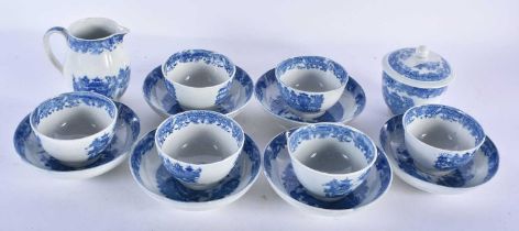 AN EARLY 19TH CENTURY MINIATURE PEARLWARE BLUE AND WHITE TOY TEASET. Largest 7 cm high. (qty)