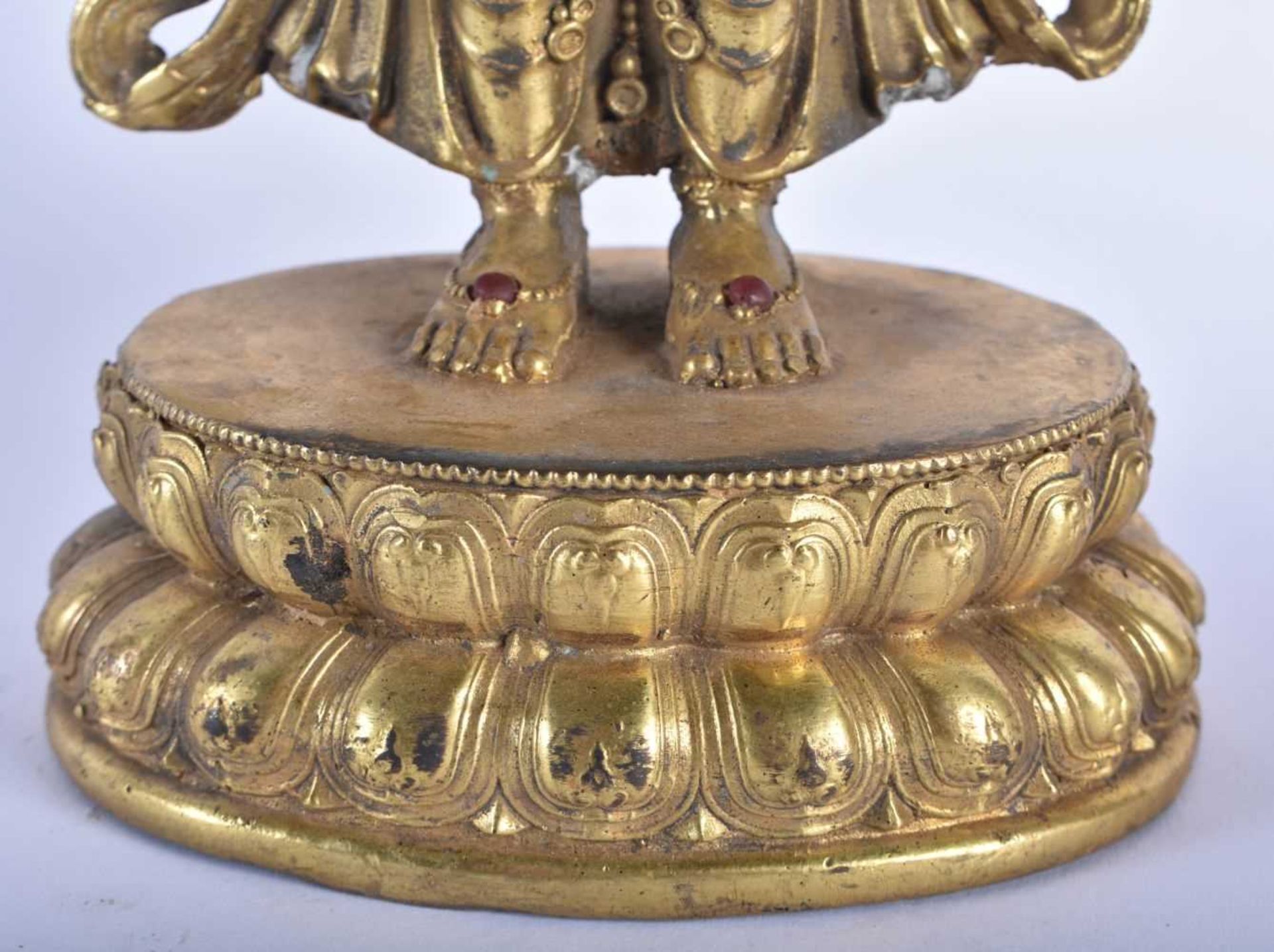 A LARGE CHINESE TIBETAN JEWELLED GILT BRONZE FIGURE OF A STANDING BUDDHA 20th Century. 28 cm high. - Image 5 of 8