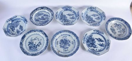 EIGHT 18TH CENTURY CHINESE EXPORT BLUE AND WHITE DISHES Qianlong. 22 cm wide. (8)