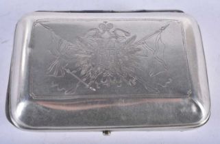 A Continental Silver Tobacco Tin with paper holder. with engraved lid depiction the emblem of the