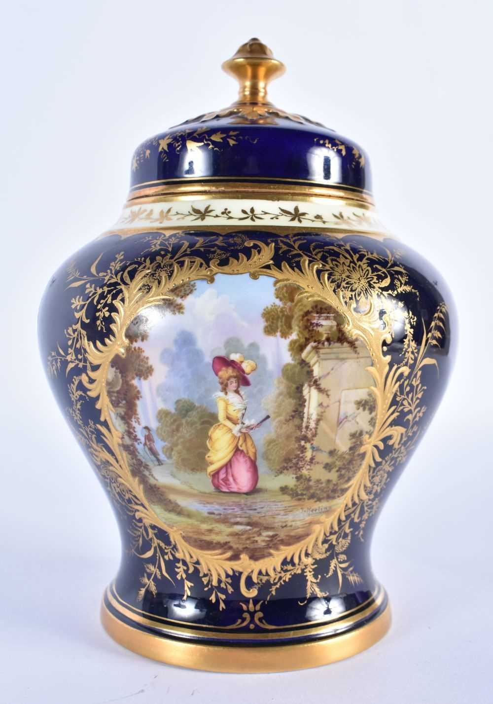 Late 19th/early 20th century Coalport fine pot pourri and cover painted with a fashionable women