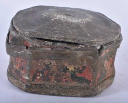 A GEORGE III PAINTED LEAD TOBACCO BOX AND COVER. 14 cm x 10 cm.