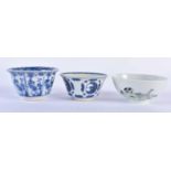 TWO CHINESE QING DYNASTY BLUE AND WHITE TEABOWLS together with another. Largest 9.5 cm diameter. (