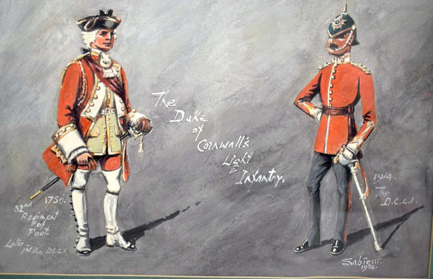 A framed Gouache study of The Duke of Cornwall light Infantry signed Sabreur 1974 26 x 37 cm. - Image 3 of 8