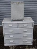 A wooden Rattan effect 5 drawer chest together with a Lloyd loom laundry basket 78 x 86 x 40 cm (