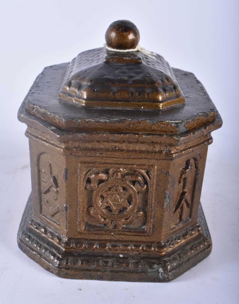 A RARE ANTIQUE PAINTED AND LACQUERED PEWTER TOBACCO BOX AND COVER of Masonic interest. 15 cm x 13 - Image 2 of 4