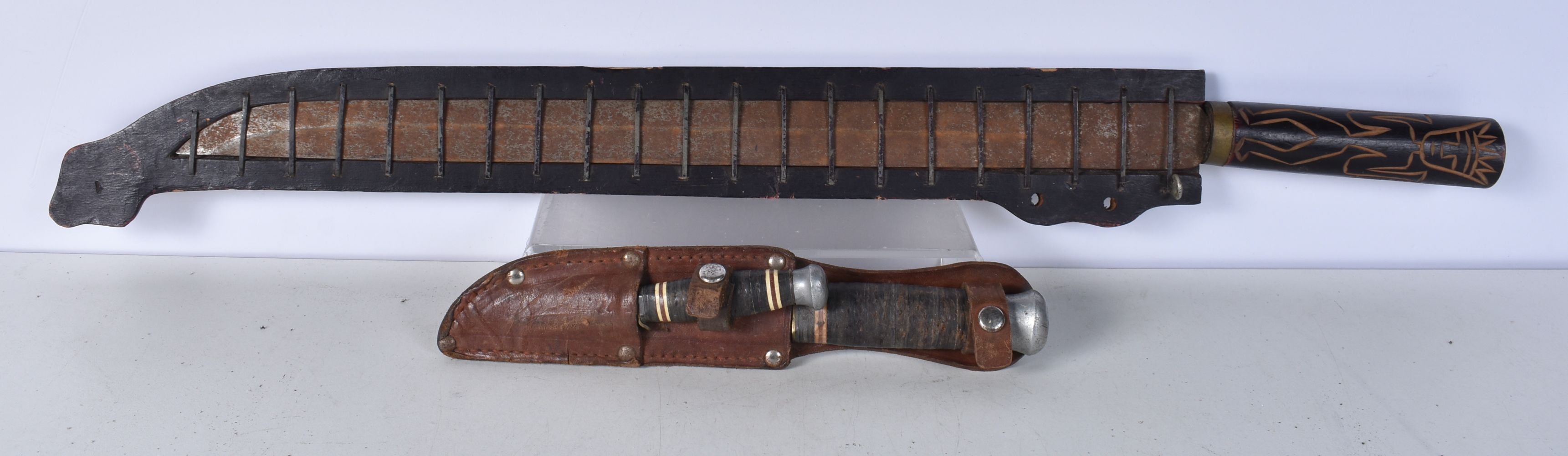 A large Indian Kukri with leather sheath together with a large South American knife with a carved - Image 11 of 12