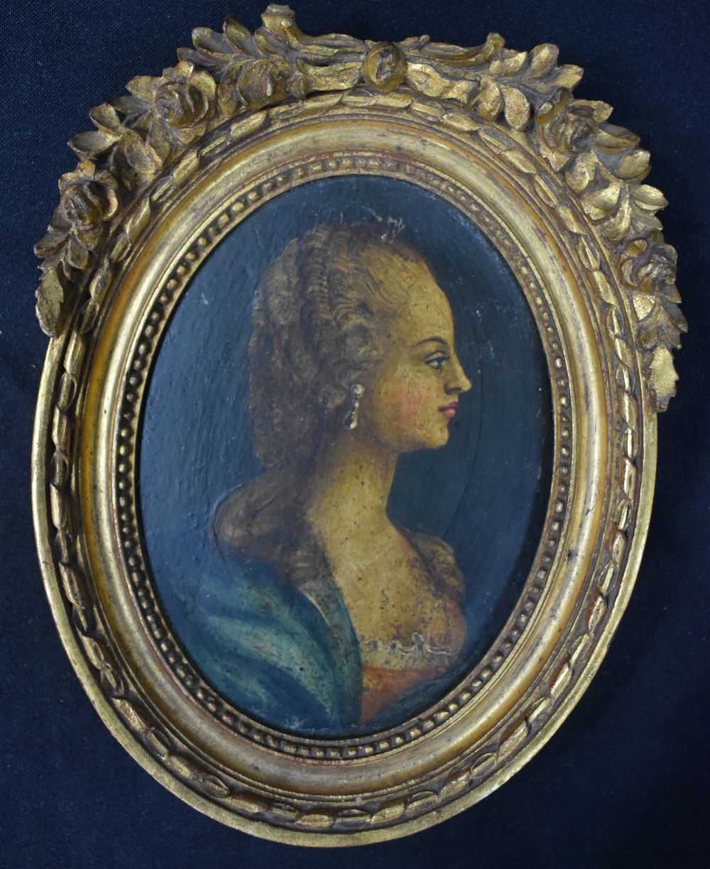 A pair of small framed oil on board portraits possibly Jacobite period 13 x 9 cm (2) - Image 3 of 12