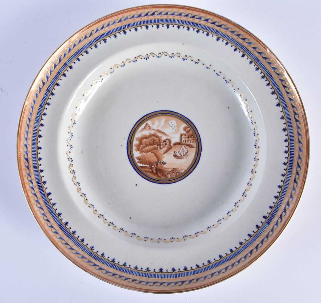 AN 18TH CENTURY CHINESE EXPORT PORCELAIN PLATE Qianlong, painted with a boat on a river. 24 cm