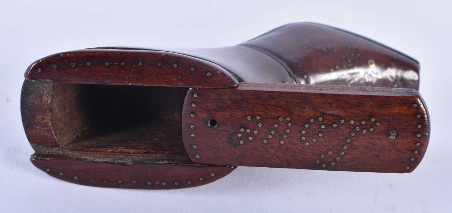 A CHARMING 18TH/19TH CENTURY CARVED TREEN PIQUE WORK SNUFF BOX formed as a shoe. 9 cm x 5 cm. - Image 4 of 4