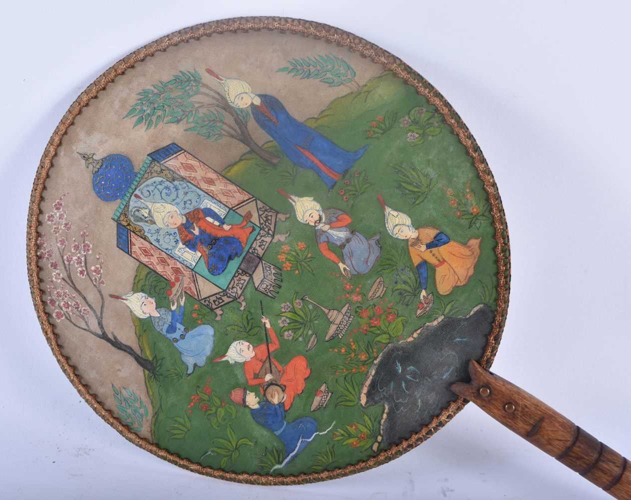 A 19TH CENTURY FRENCH CHAMPLEVE ENAMEL BRONZE DESK BLOTTER together with a Persian painted fan. - Image 2 of 5