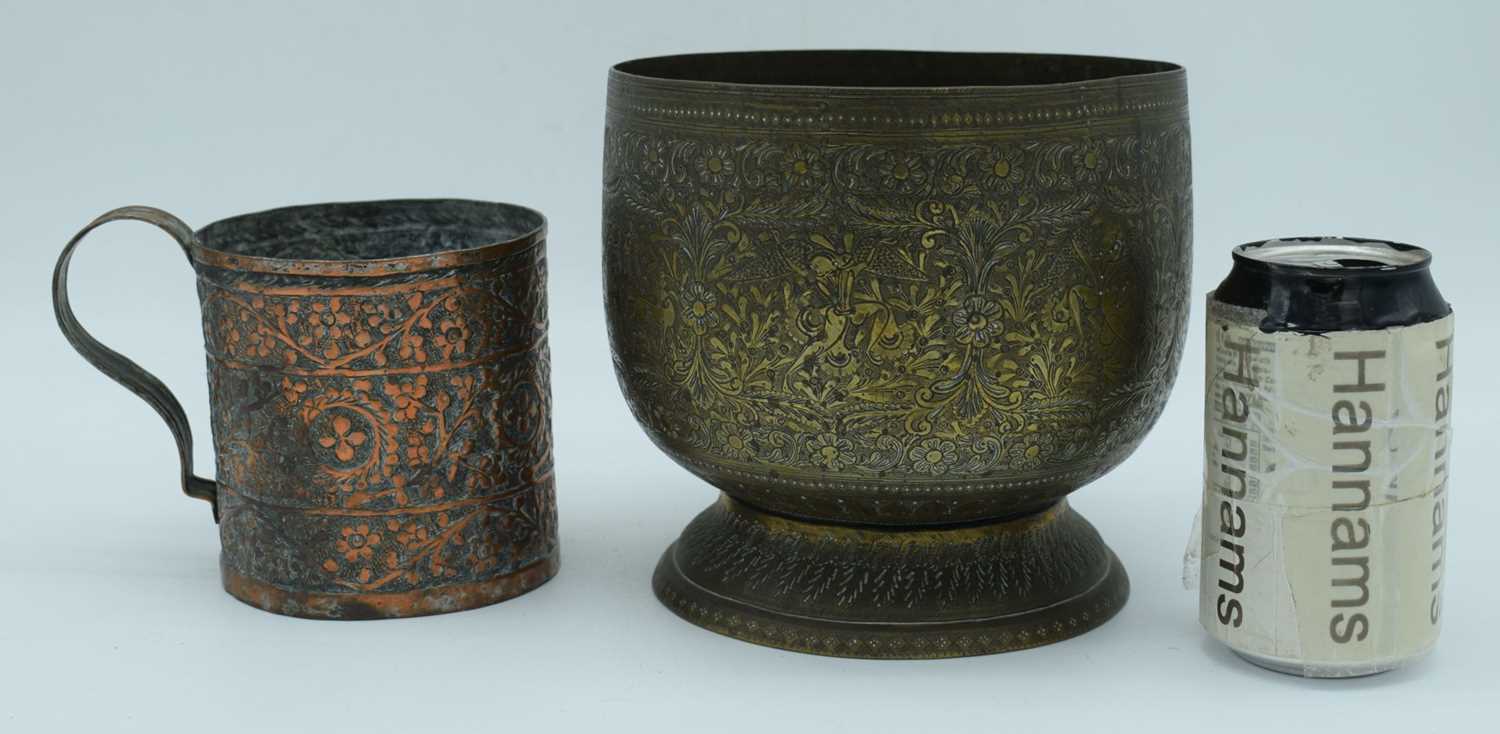 A 19th Century Repousse copper tankard together with an Indian engraved brass bowl largest 16 cm - Image 2 of 6