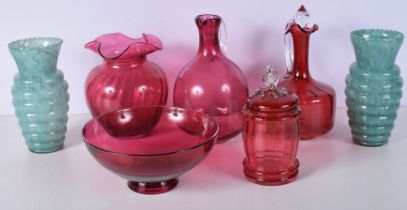 A collection of Ruby glass items together with two glass flanged rimmed vases 21 x 12 cm (7).