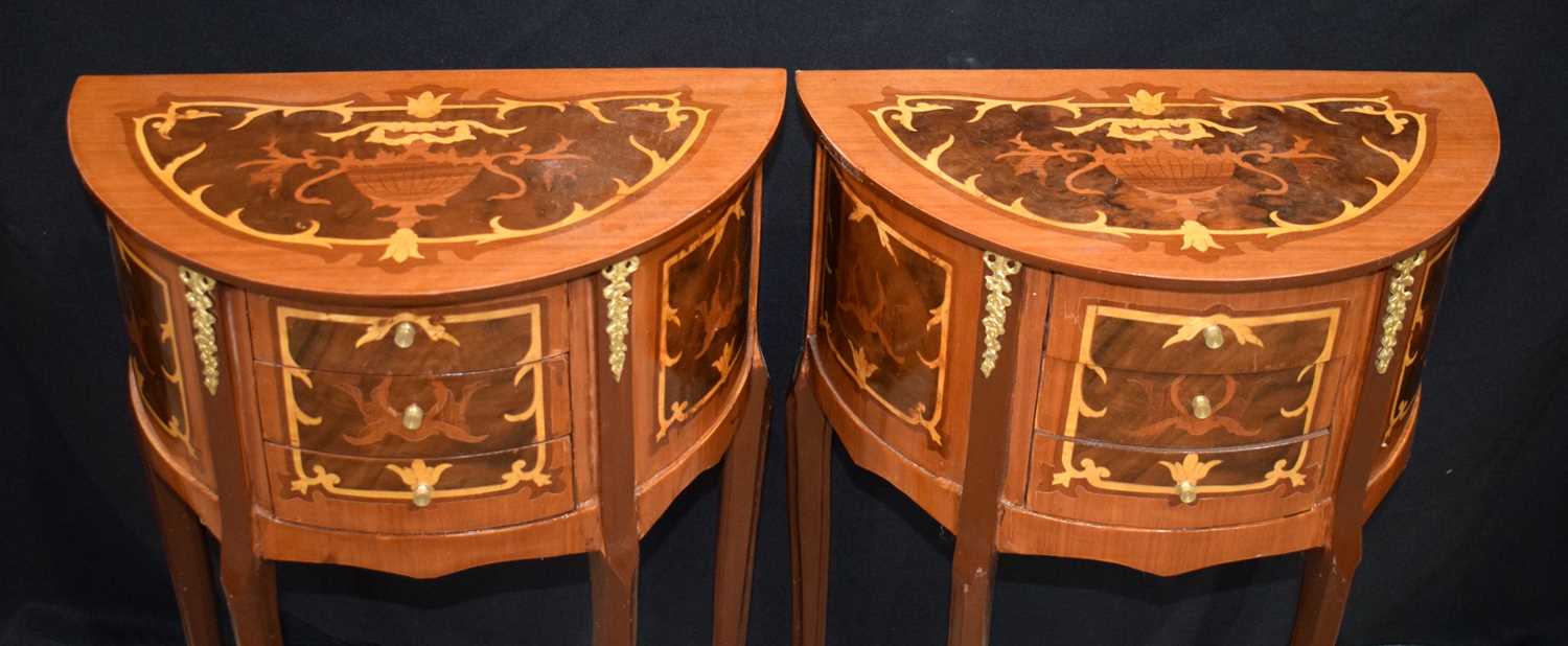 A pair of Baroque style inlaid half moon side 3 drawer tables 71 x 45 x 25cm (2) - Image 3 of 10