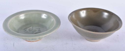 TWO EARLY CHINESE CELADON GLAZED STONEWARE BOWLS King/Qing. Largest 12 cm diameter. (2)