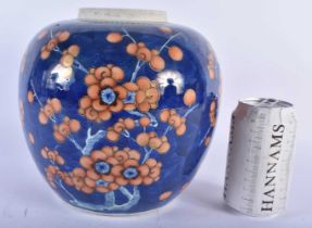 AN UNUSUAL 19TH CENTURY CHINESE BLUE AND WHITE PORCELAIN PRUNUS JAR Qing, painted with coral