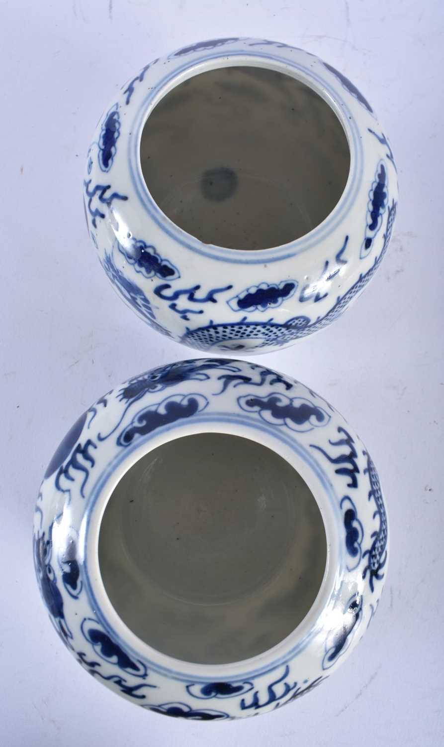 A PAIR OF 19TH CENTURY CHINESE BLUE AND WHITE PORCELAIN GLOBULAR CENSERS bearing Kangxi marks to - Image 3 of 18