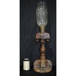 A large Arts and Crafts carved Oak lampstand with Etched glass shade 71 cm.