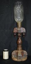 A large Arts and Crafts carved Oak lampstand with Etched glass shade 71 cm.