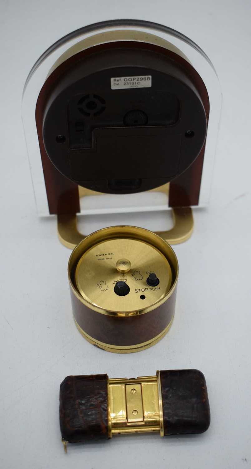 A TRAVELLING MOVADO LEATHER CASED WATCH together with two clocks. Largest 15cm x 10cm. (3) - Image 2 of 4
