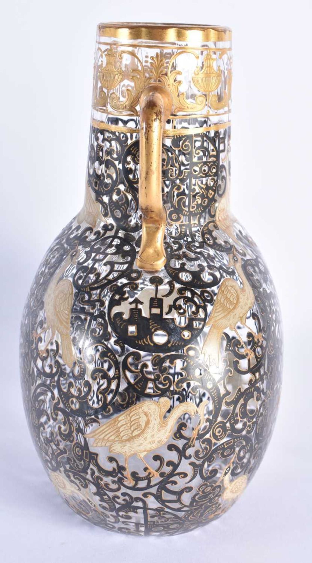 AN UNUSUAL ANTIQUE SECESSIONIST TYPE ENAMELLED AUSTRIAN GLASS VASE painted with birds amongst - Image 2 of 5