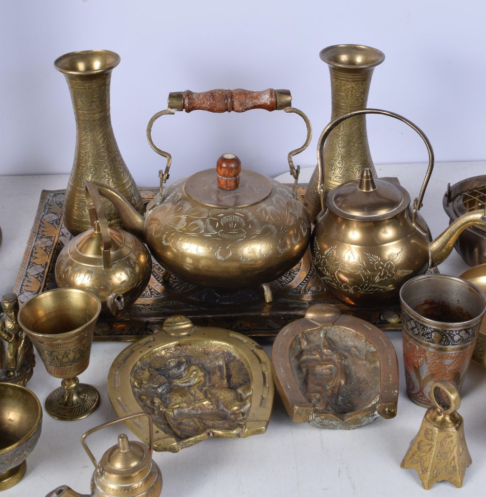 A collection of Central Asian brass items , together with a brass oil lamp with an etched glass - Image 7 of 8