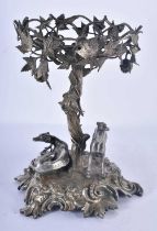 AN ANTIQUE SILVER PLATED DOUBLE DOG AND TREE STUMP TABLE CENTREPIECE probably Elkington & Co. 24.5