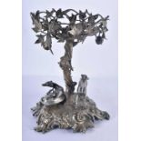 AN ANTIQUE SILVER PLATED DOUBLE DOG AND TREE STUMP TABLE CENTREPIECE probably Elkington & Co. 24.5