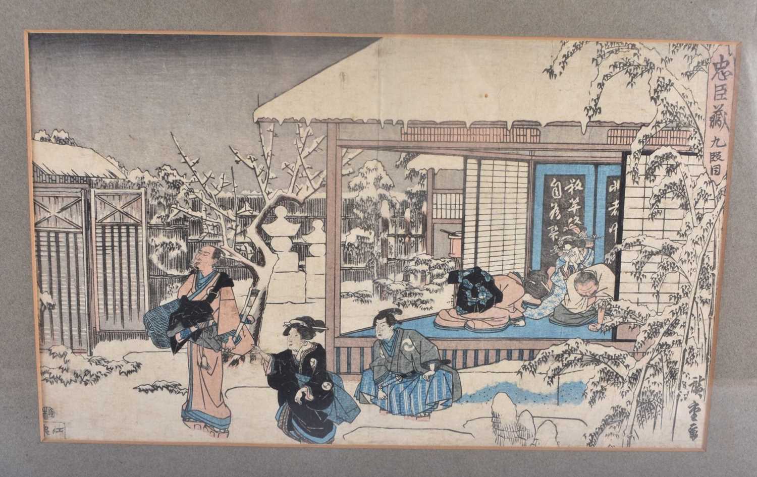 A 19TH CENTURY JAPANESE MEIJI PERIOD BLOCK PRINT depicting figures and samurai within a snowy - Image 2 of 5