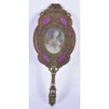 AN ANTIQUE FRENCH BRONZE AND PURPLE ENAMEL HAND MIRROR. 27 cm long.