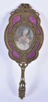 AN ANTIQUE FRENCH BRONZE AND PURPLE ENAMEL HAND MIRROR. 27 cm long.