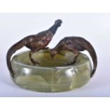 AN ANTIQUE COLD PAINTED BRONZE AND ONYX DOUBLE GAME BIRD ASHTRAY. 13 cm x 7 cm.