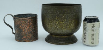 A 19th Century Repousse copper tankard together with an Indian engraved brass bowl largest 16 cm